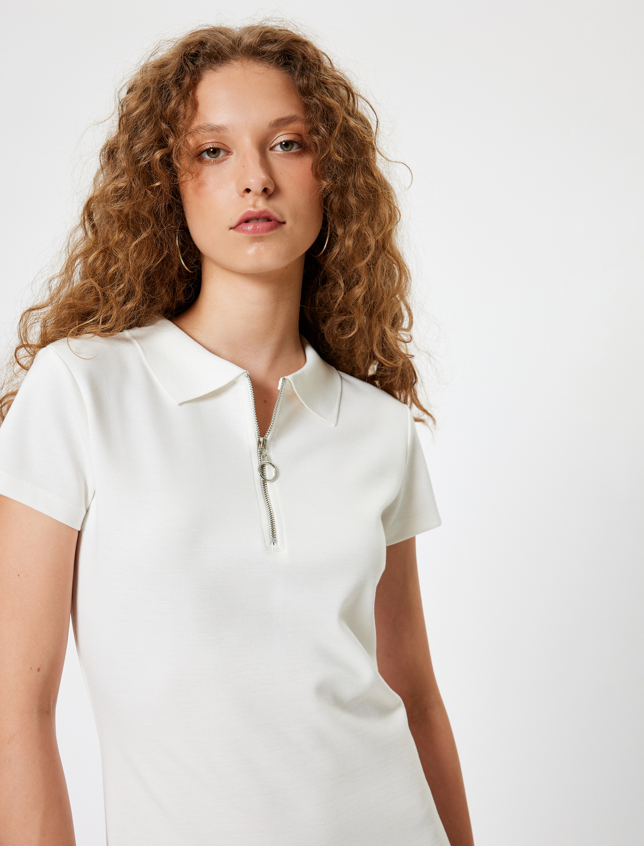   Polo Yaka Mini Elbise Yarım Fermuarlı Kısa Kollu