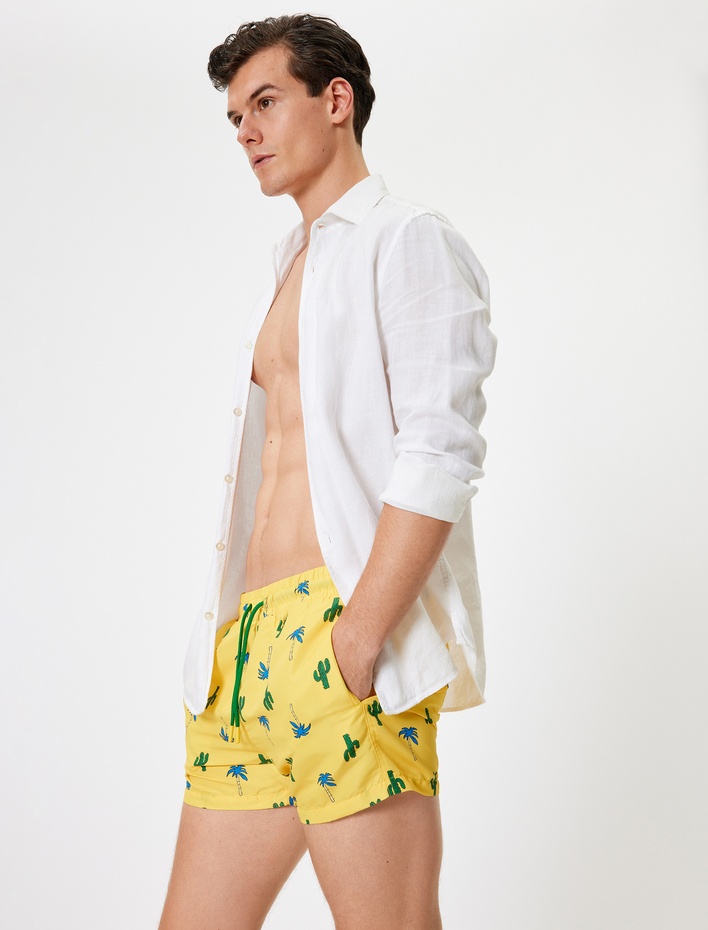  Oversize Deniz Şortu Kısa Ağaç Desenli Beli Bağcıklı