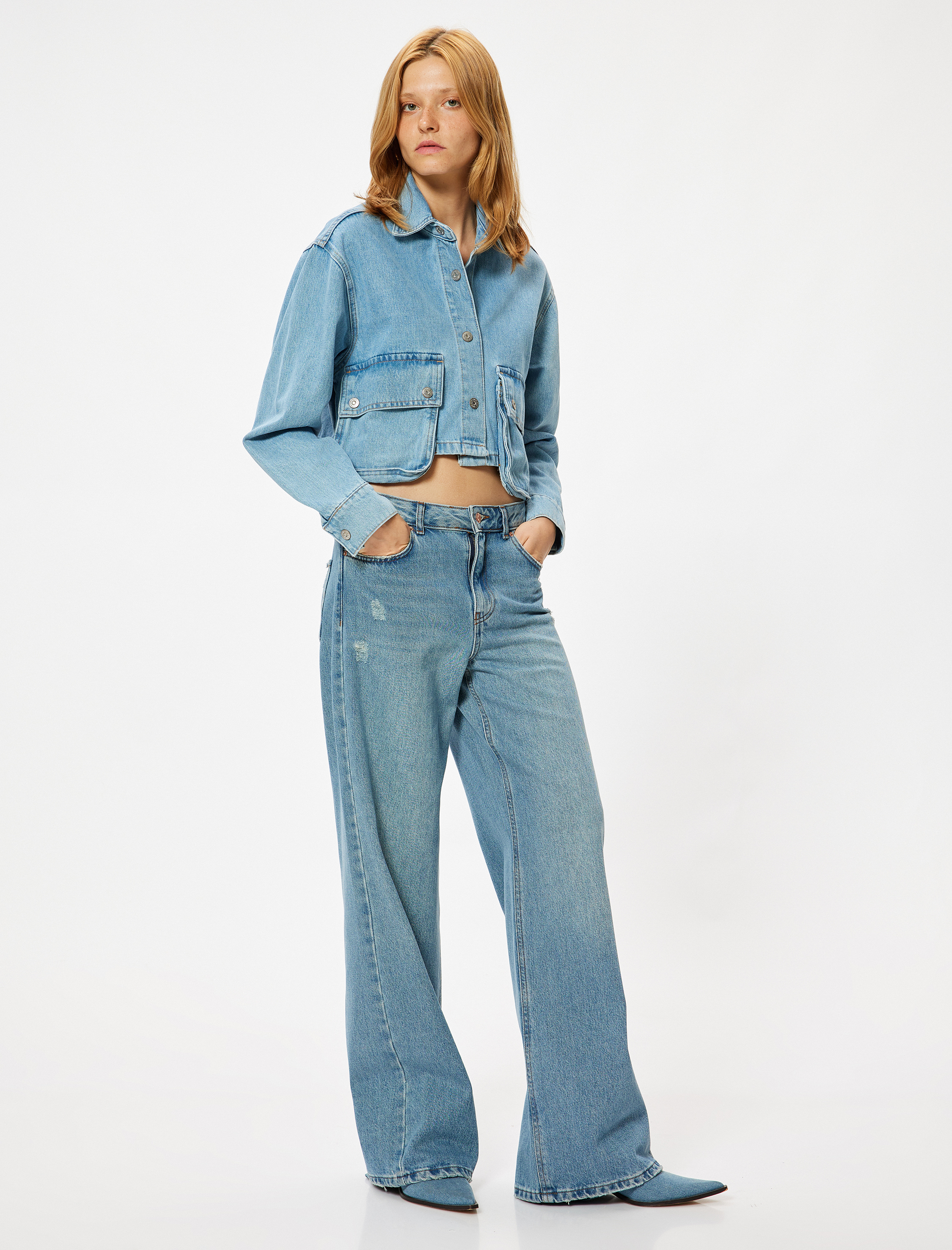   Yüksek Bel Pamuklu Geniş Paça Cepli Kot Pantolon