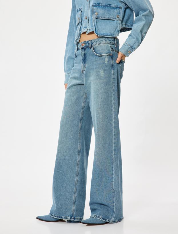 Yüksek Bel Kot Pantolon Geniş Paça Düğmeli Cepli Pamuklu - Wide Leg Jeans_2