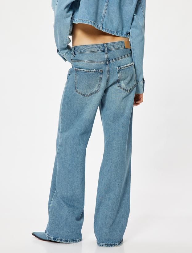 Yüksek Bel Kot Pantolon Geniş Paça Düğmeli Cepli Pamuklu - Wide Leg Jeans_3