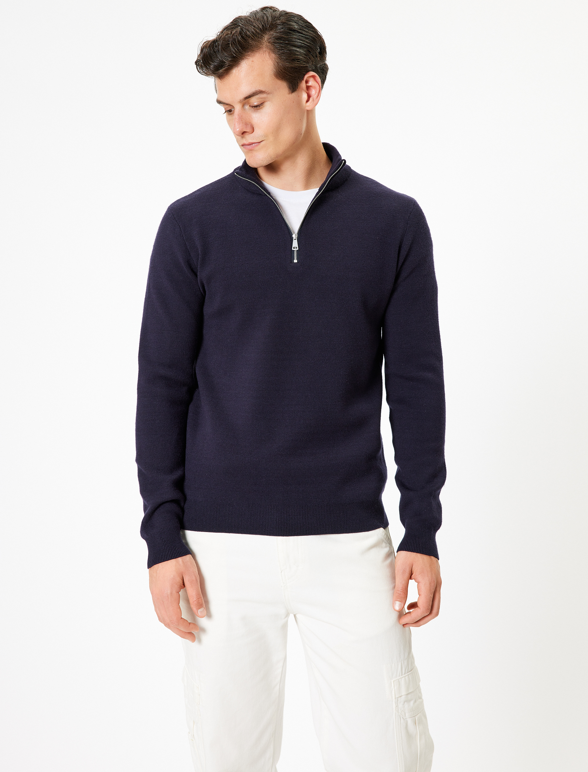   Triko Kazak Yarım Fermuarlı Yaka Basic Uzun Kollu