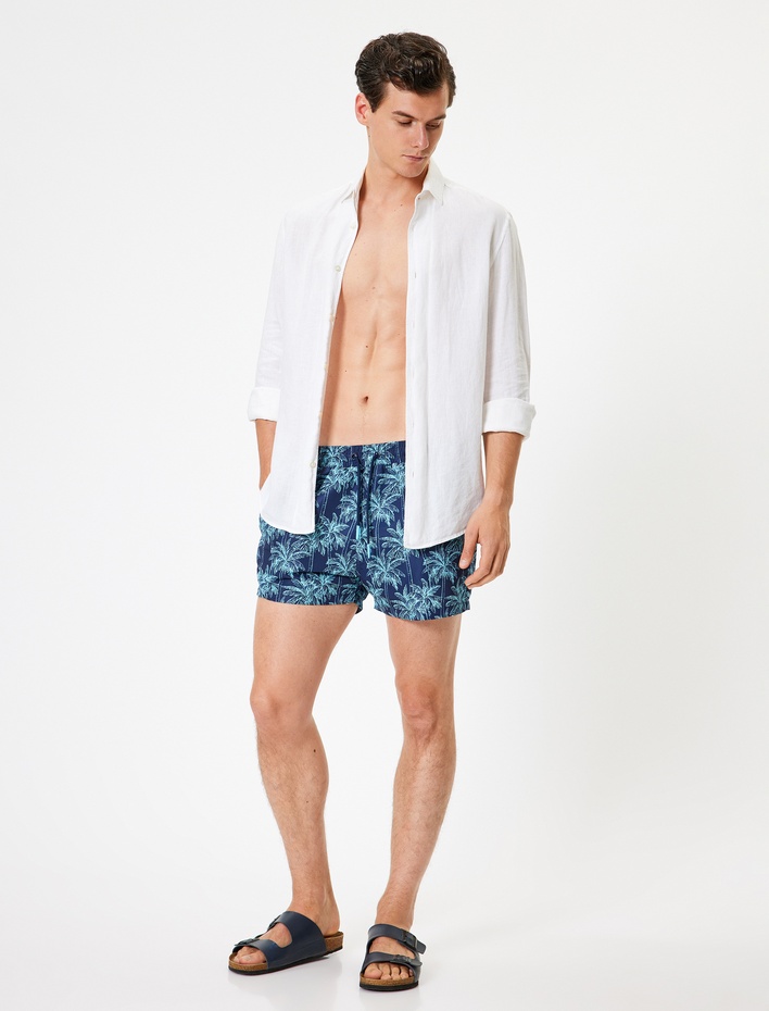 Oversize Deniz Şortu Kısa Palmiye Desenli Beli Bağcıklı