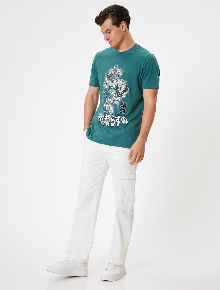  Uzak Doğu Baskılı Kısa Kollu Pamuklu Bisiklet Yaka Tişört