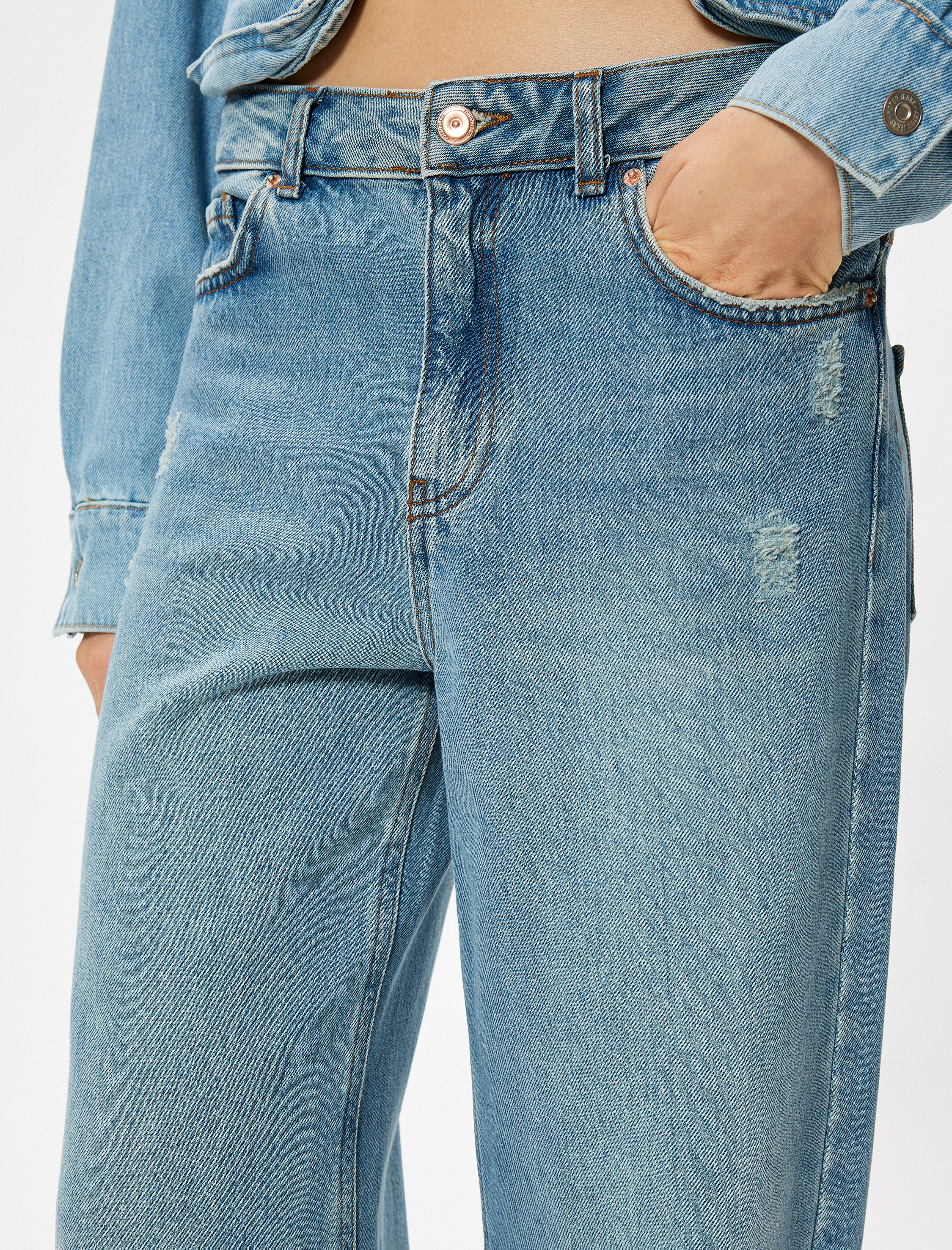   Yüksek Bel Pamuklu Geniş Paça Cepli Kot Pantolon