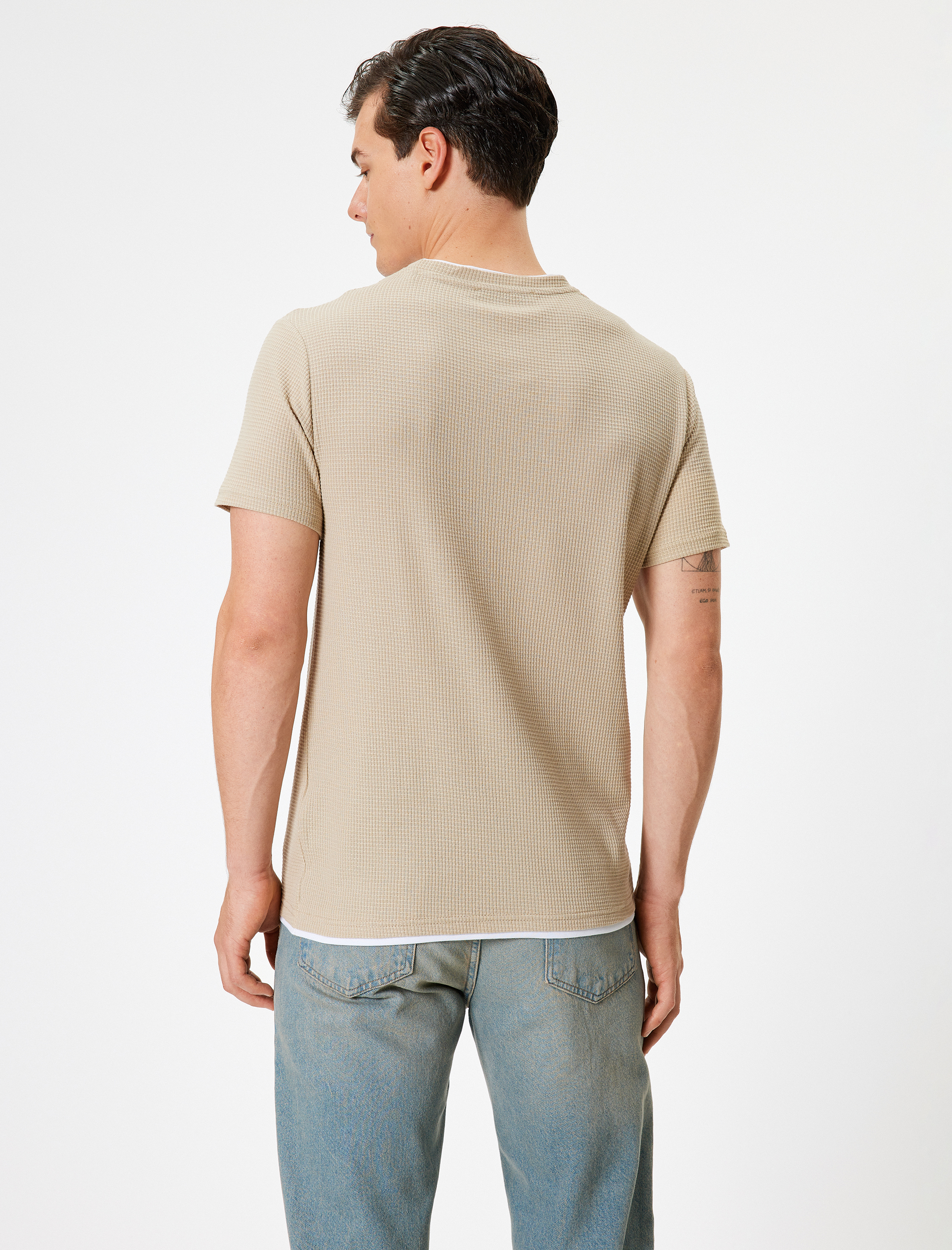   Kısa Kollu Pamuk Karışımlı Bisiklet Yaka Dokulu Slim Fit Tişört