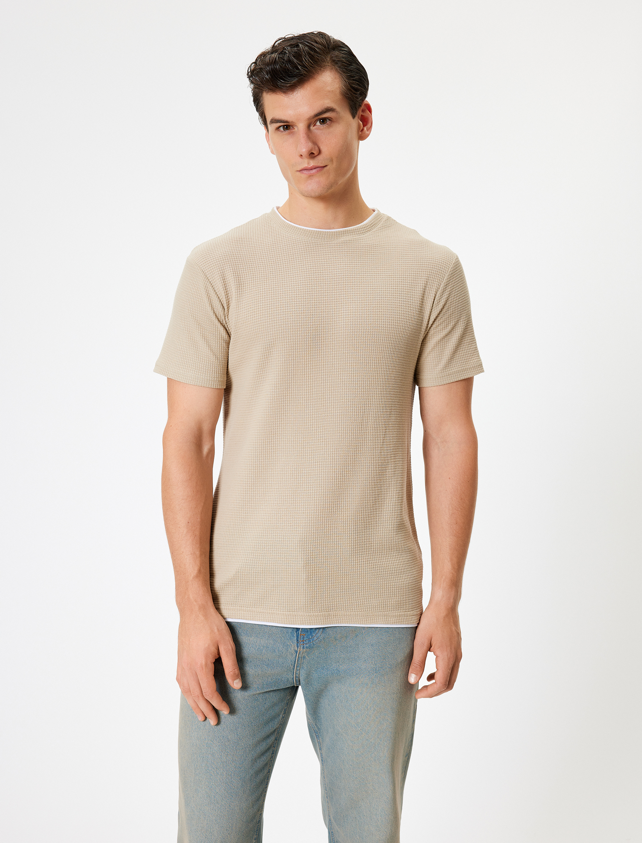   Kısa Kollu Pamuk Karışımlı Bisiklet Yaka Dokulu Slim Fit Tişört