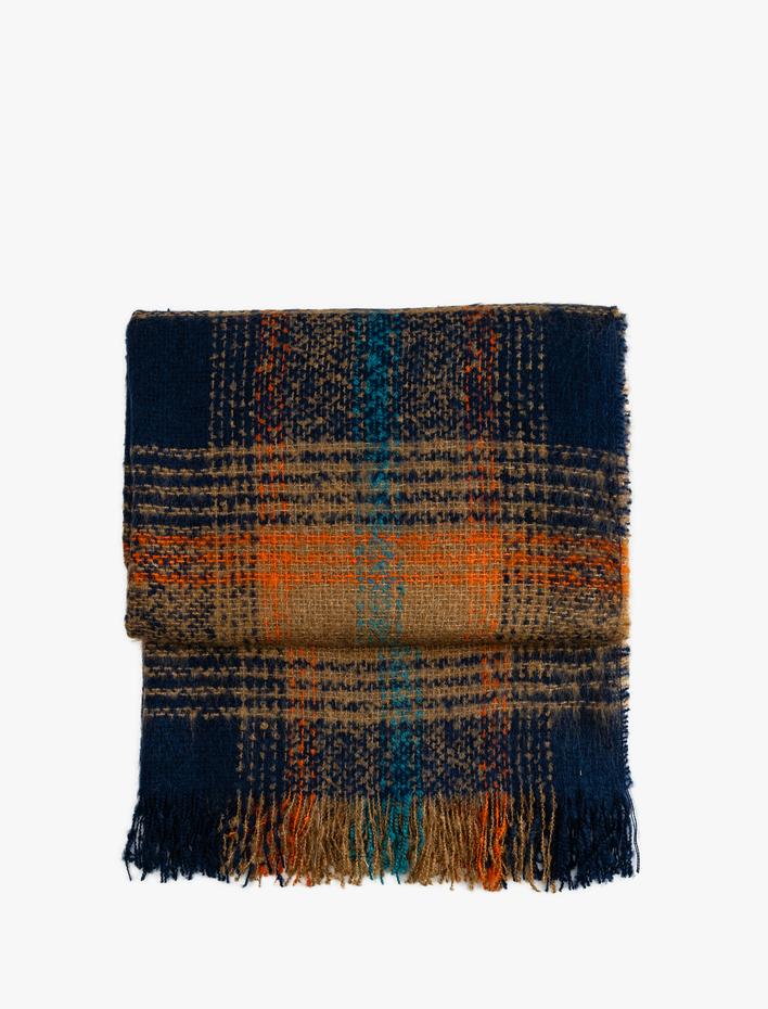 Kadın Uzun Atkı Ekoseli Çok Renkli Püsküllü