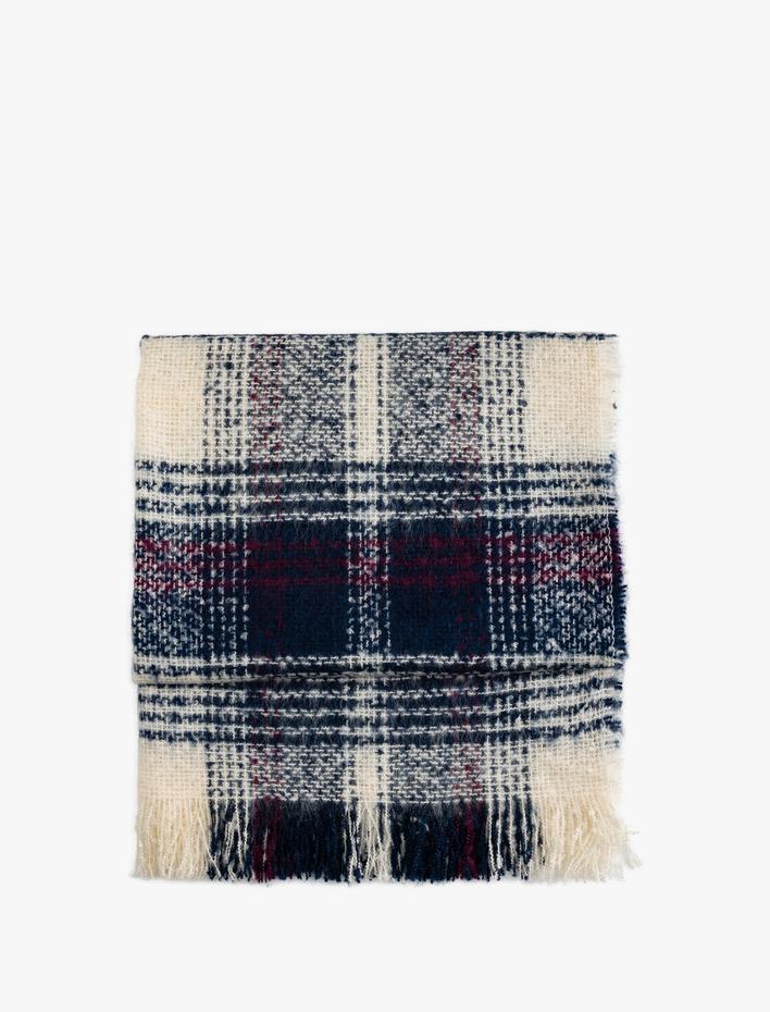 Kadın Uzun Atkı Ekoseli Çok Renkli Püsküllü