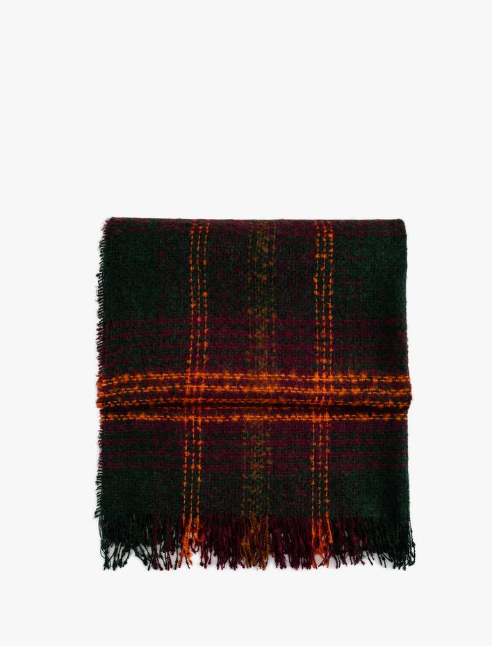 Kadın Uzun Atkı Ekoseli Çok Renkli Püsküllü