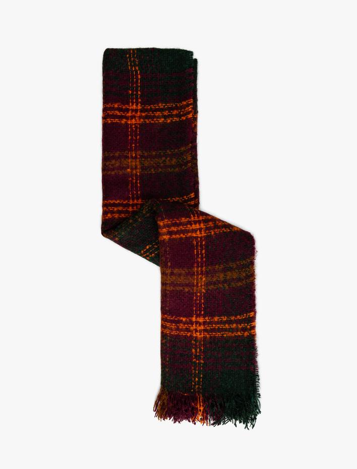 Kadın Uzun Atkı Ekoseli Çok Renkli Püsküllü