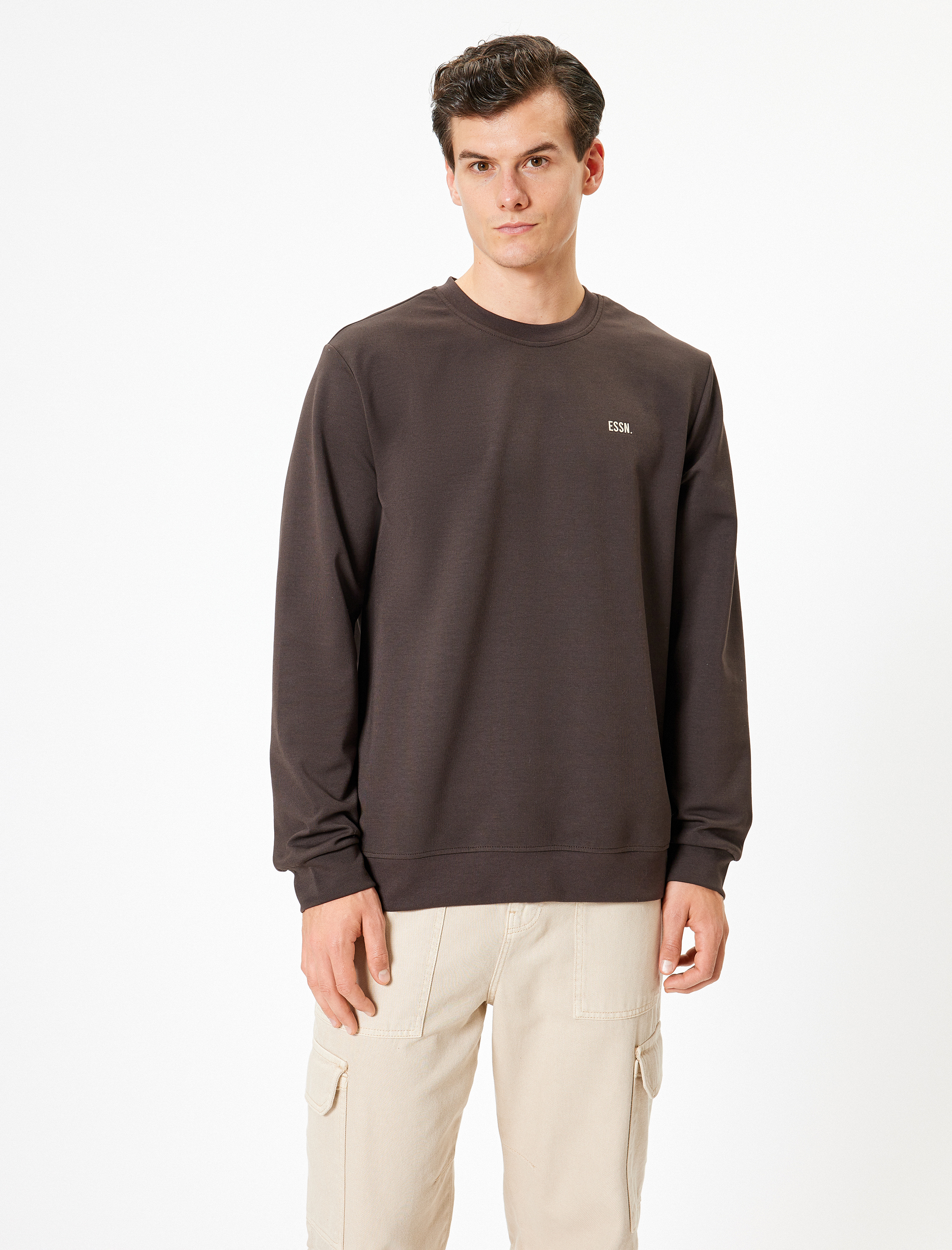 Bisiklet Yaka Sweatshirt Minimal Baskılı Basic İnterlok Kumaş Pamuk Karışımlı