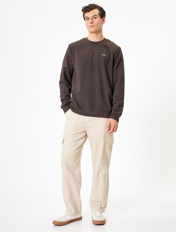  Bisiklet Yaka Sweatshirt Minimal Baskılı Basic İnterlok Kumaş Pamuk Karışımlı