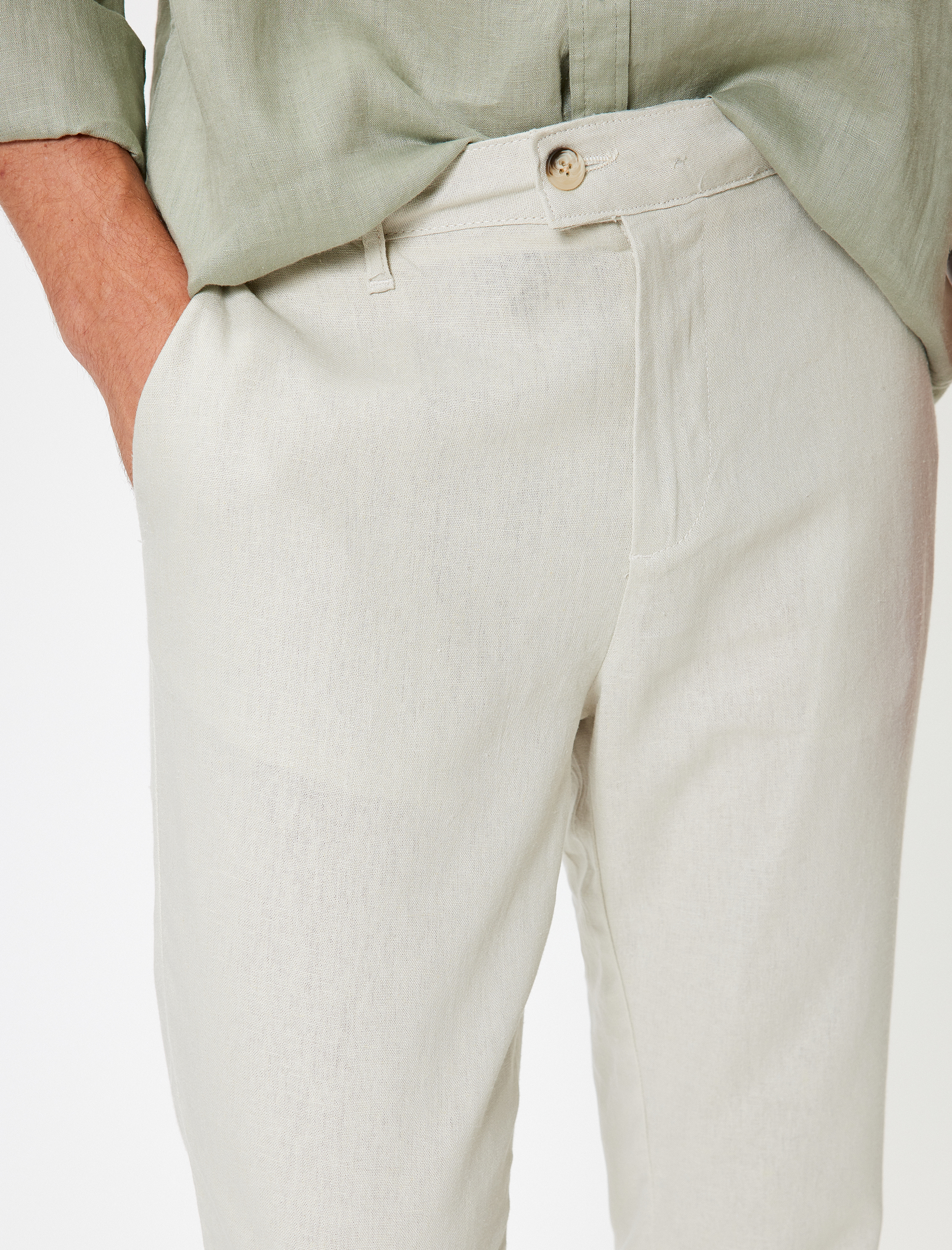   Viskon Keten Karışımlı Pantolon Chino Cep Detaylı Düğmeli