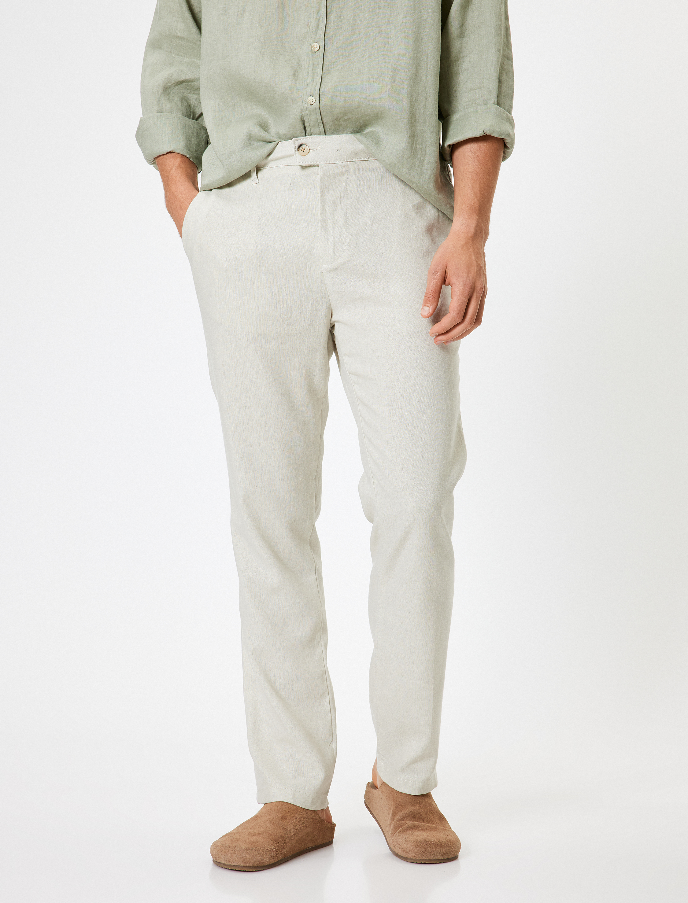   Viskon Keten Karışımlı Pantolon Chino Cep Detaylı Düğmeli