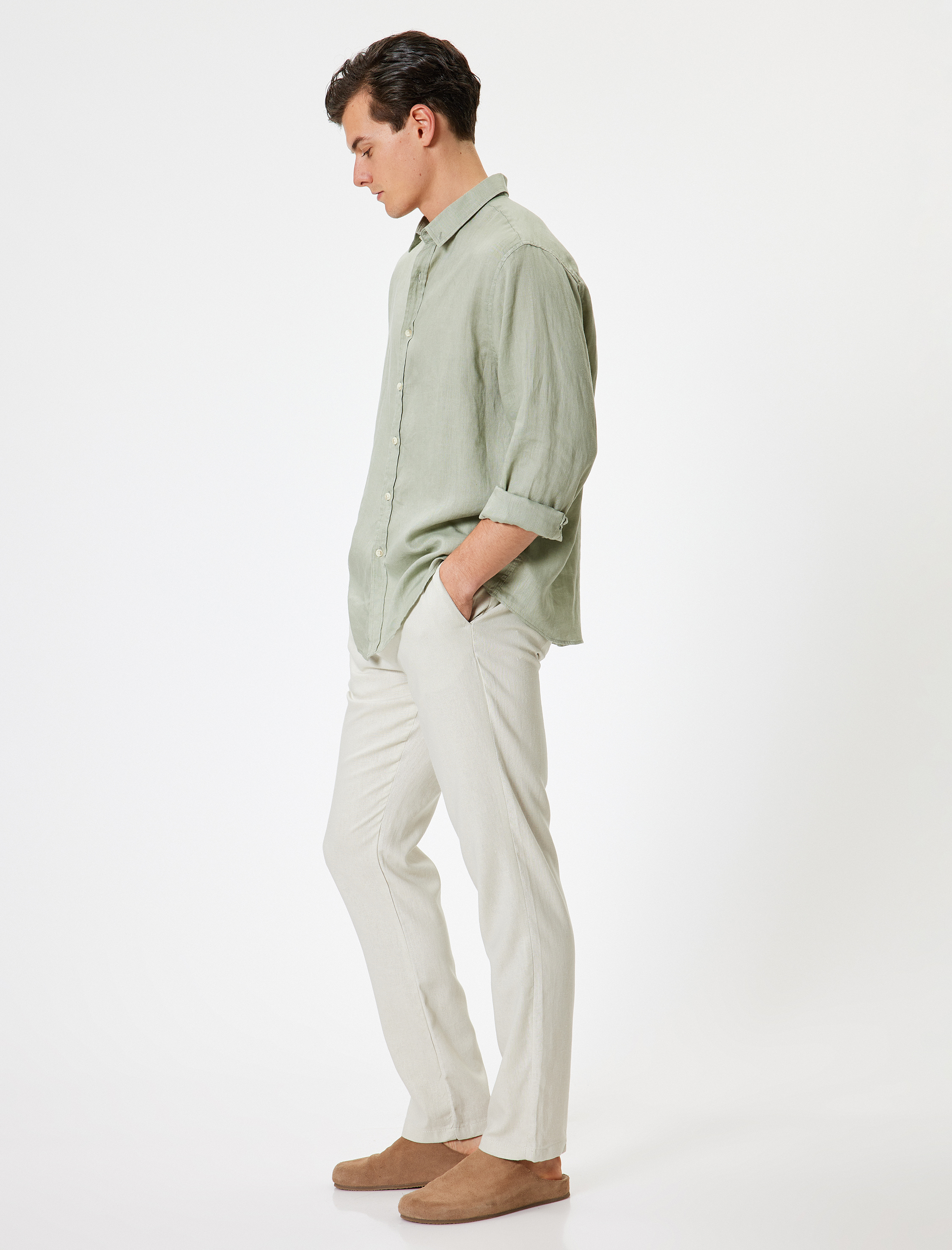   Viskon Keten Karışımlı Pantolon Chino Cep Detaylı Düğmeli