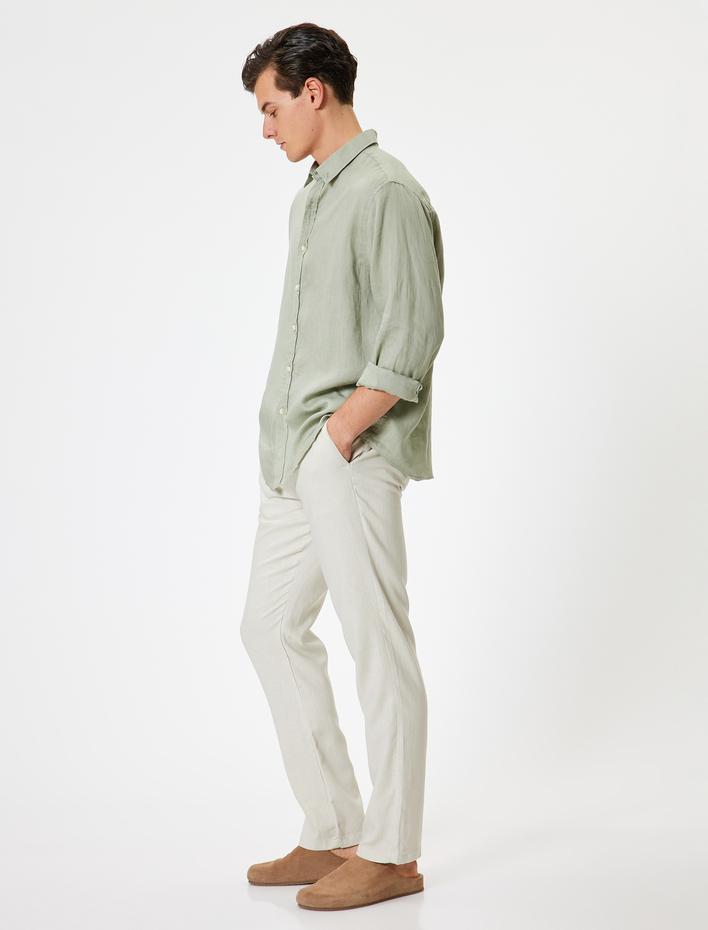  Viskon Keten Karışımlı Pantolon Chino Cep Detaylı Düğmeli