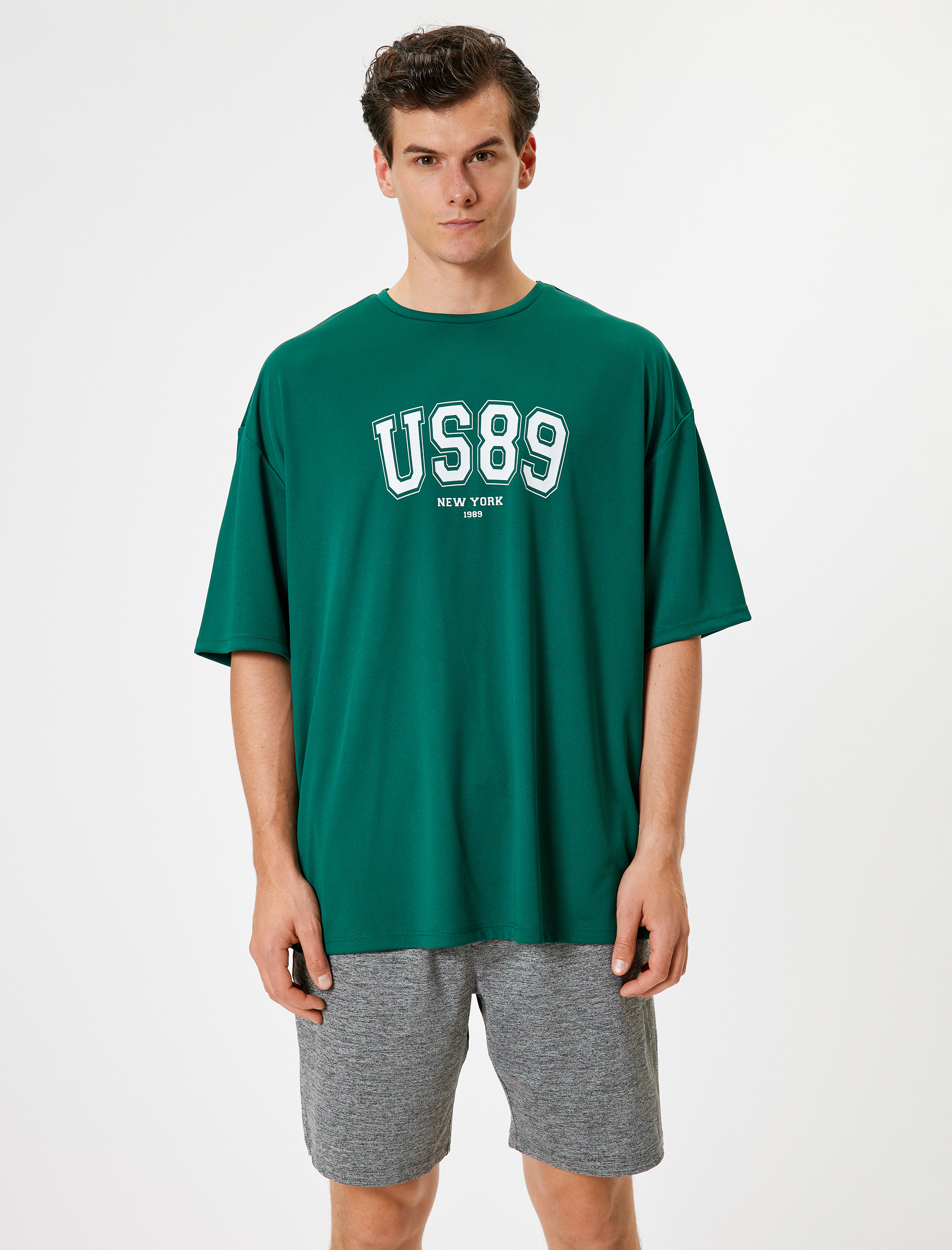   Spor Tişört Oversize Baskılı Kısa Kollu Bisiklet Yaka