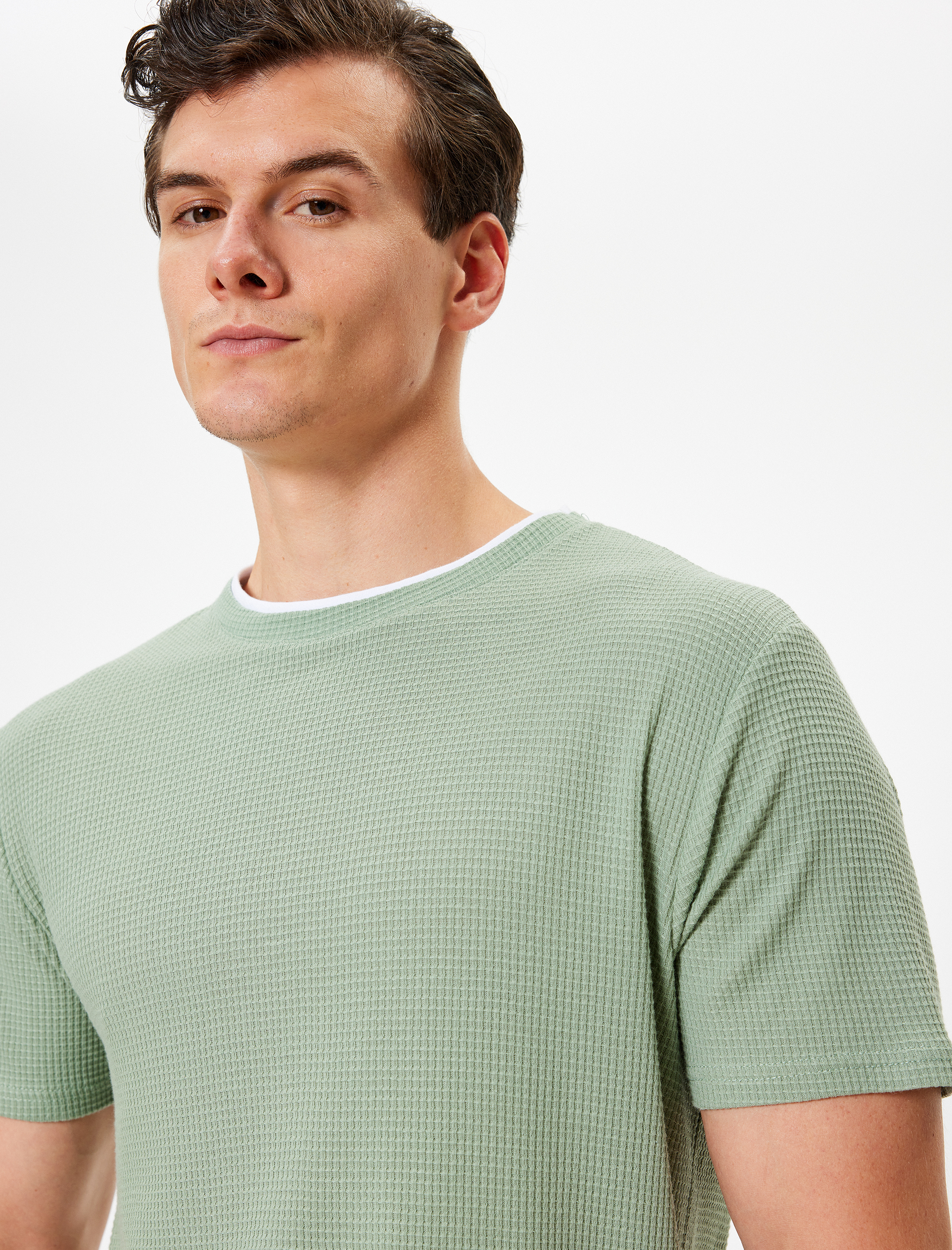   Kısa Kollu Pamuk Karışımlı Bisiklet Yaka Dokulu Slim Fit Tişört