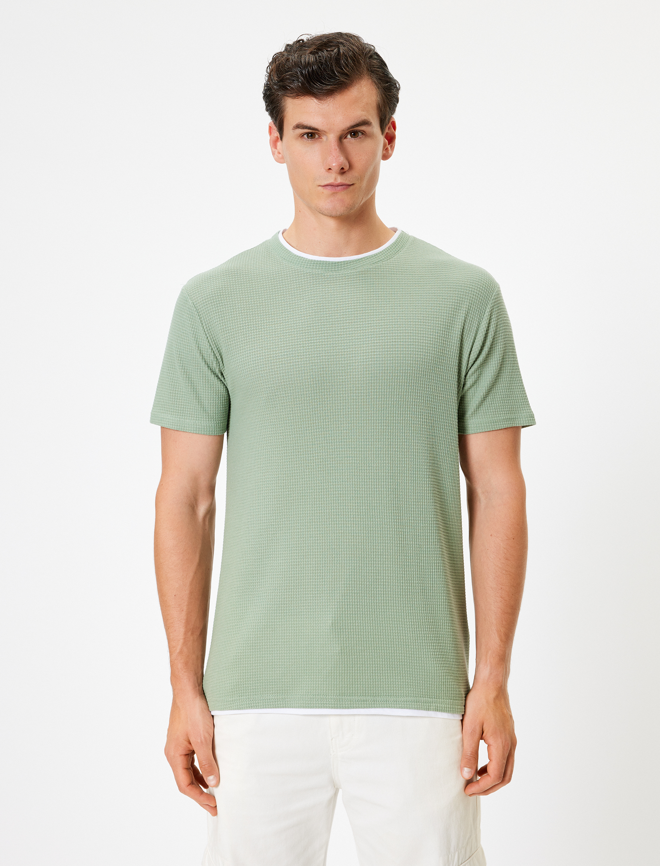   Kısa Kollu Pamuk Karışımlı Bisiklet Yaka Dokulu Slim Fit Tişört