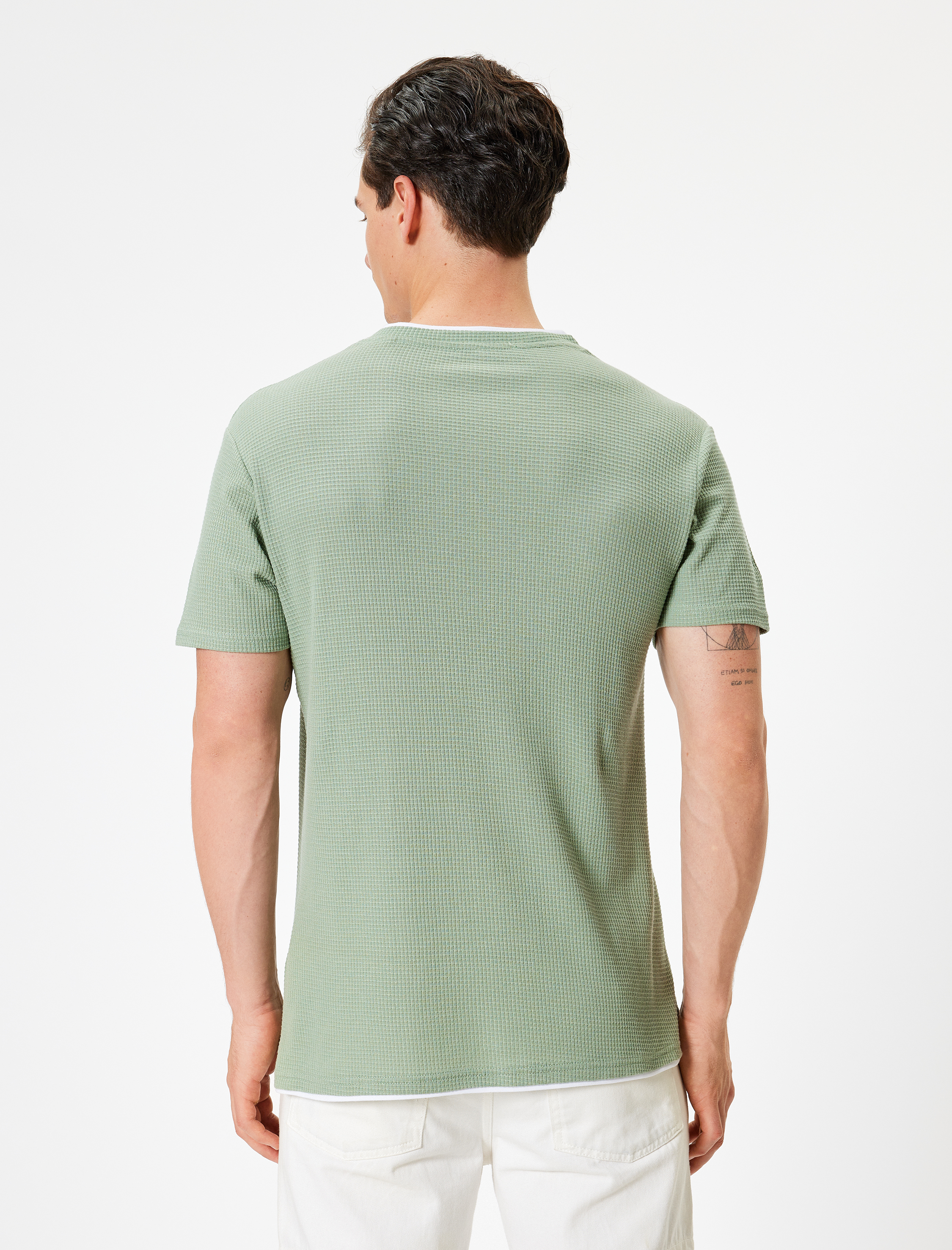   Kısa Kollu Pamuk Karışımlı Bisiklet Yaka Dokulu Slim Fit Tişört