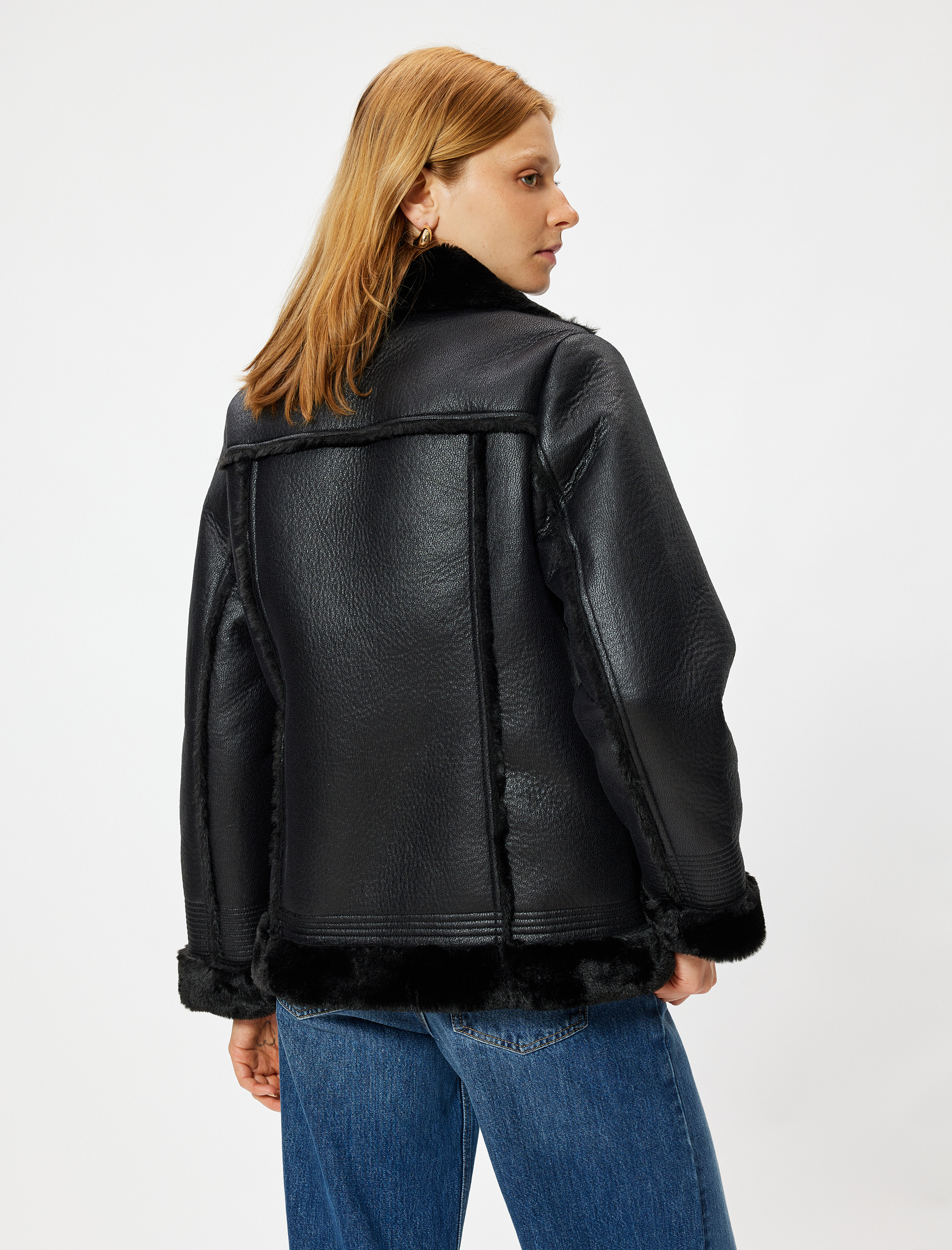   Fermuarlı Cepli Rahat Kalıp Yakası Suni Kürk Detaylı Suni Deri Biker Ceket