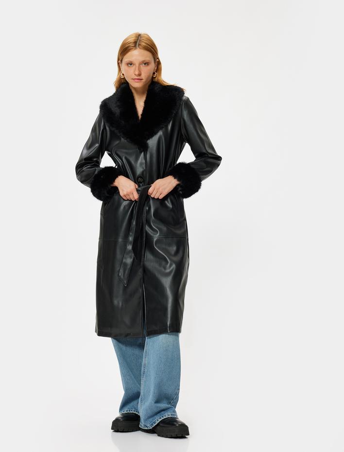  Cepli Kemerli Yakası Suni Kürk Detaylı Suni Deri Uzun Trençkot