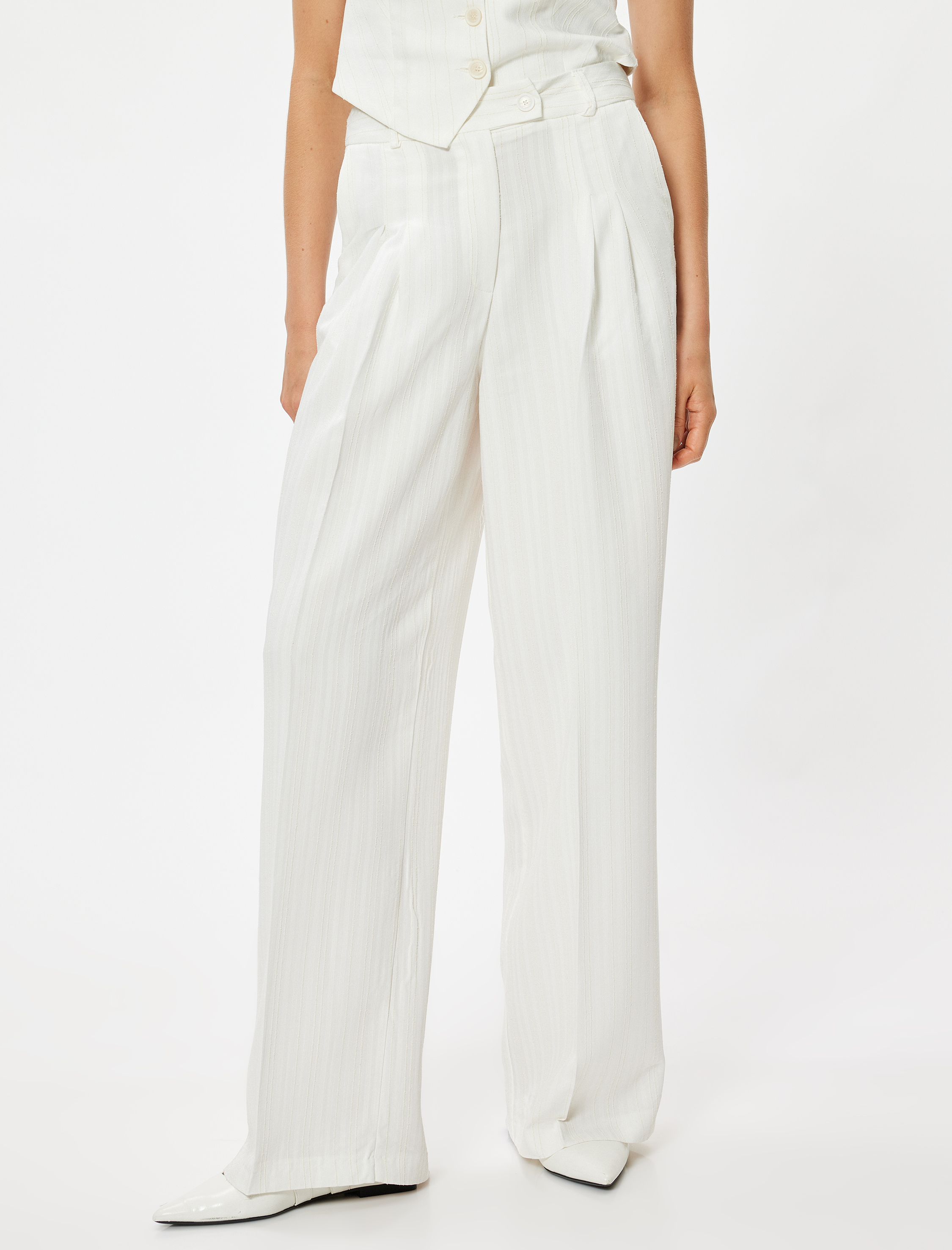   Palazzo Pantolon Yüksek Bel Pile Detaylı Dokulu Cepli Viskon Kumaş