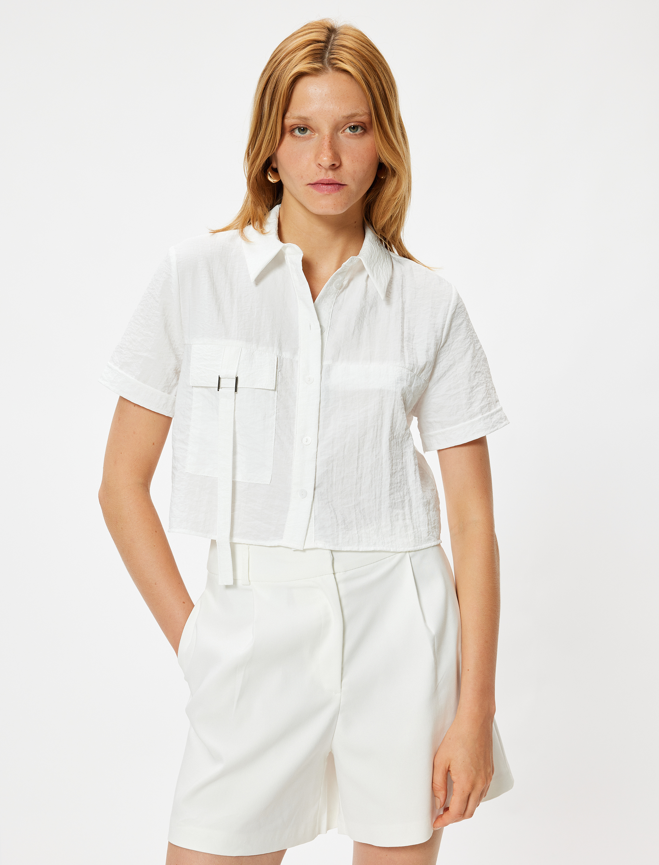 Crop Gömlek Kısa Kollu Kapaklı Cep Detaylı Dokulu