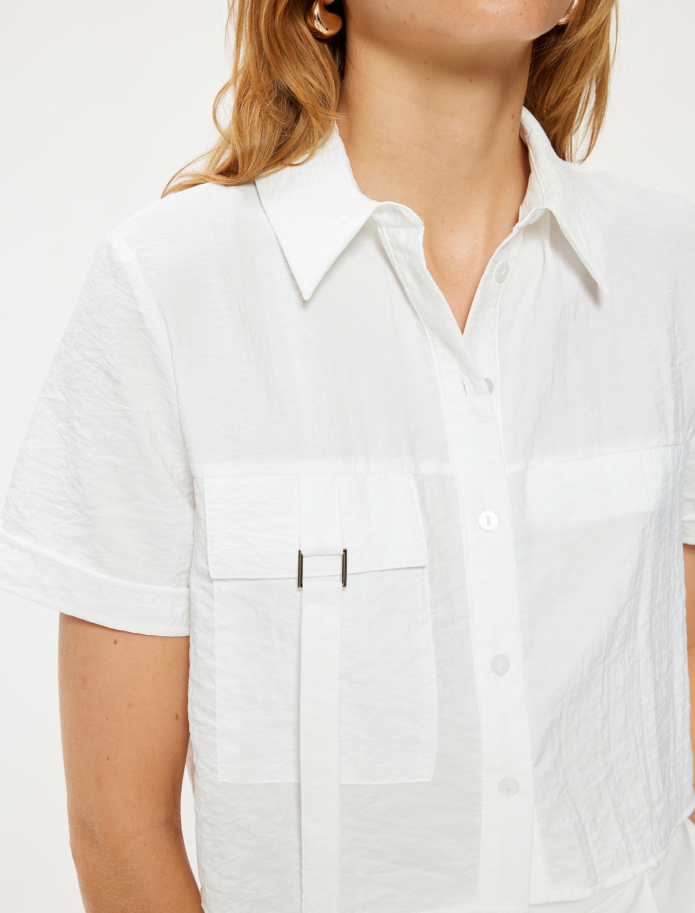 Crop Gömlek Kısa Kollu Kapaklı Cep Detaylı Dokulu