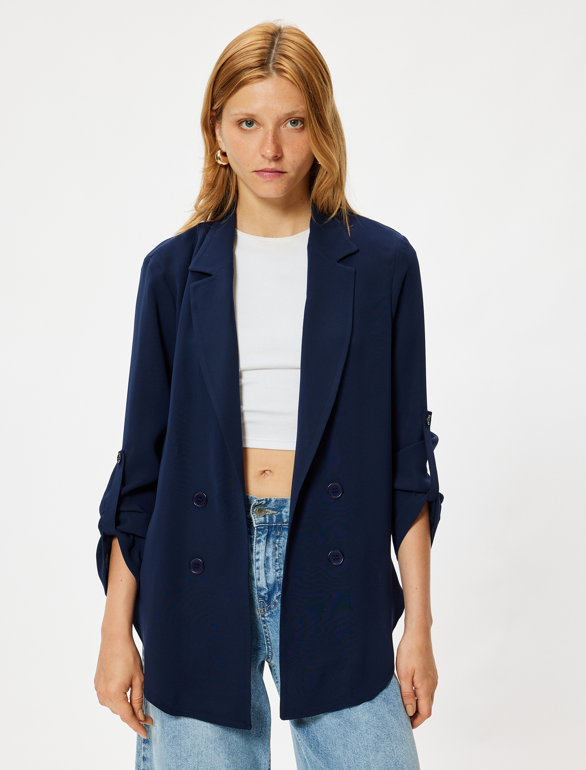   Ters Kruvaze Yaka Bol Kalıp 3/4 Kol Krep Kumaş Blazer Ceket