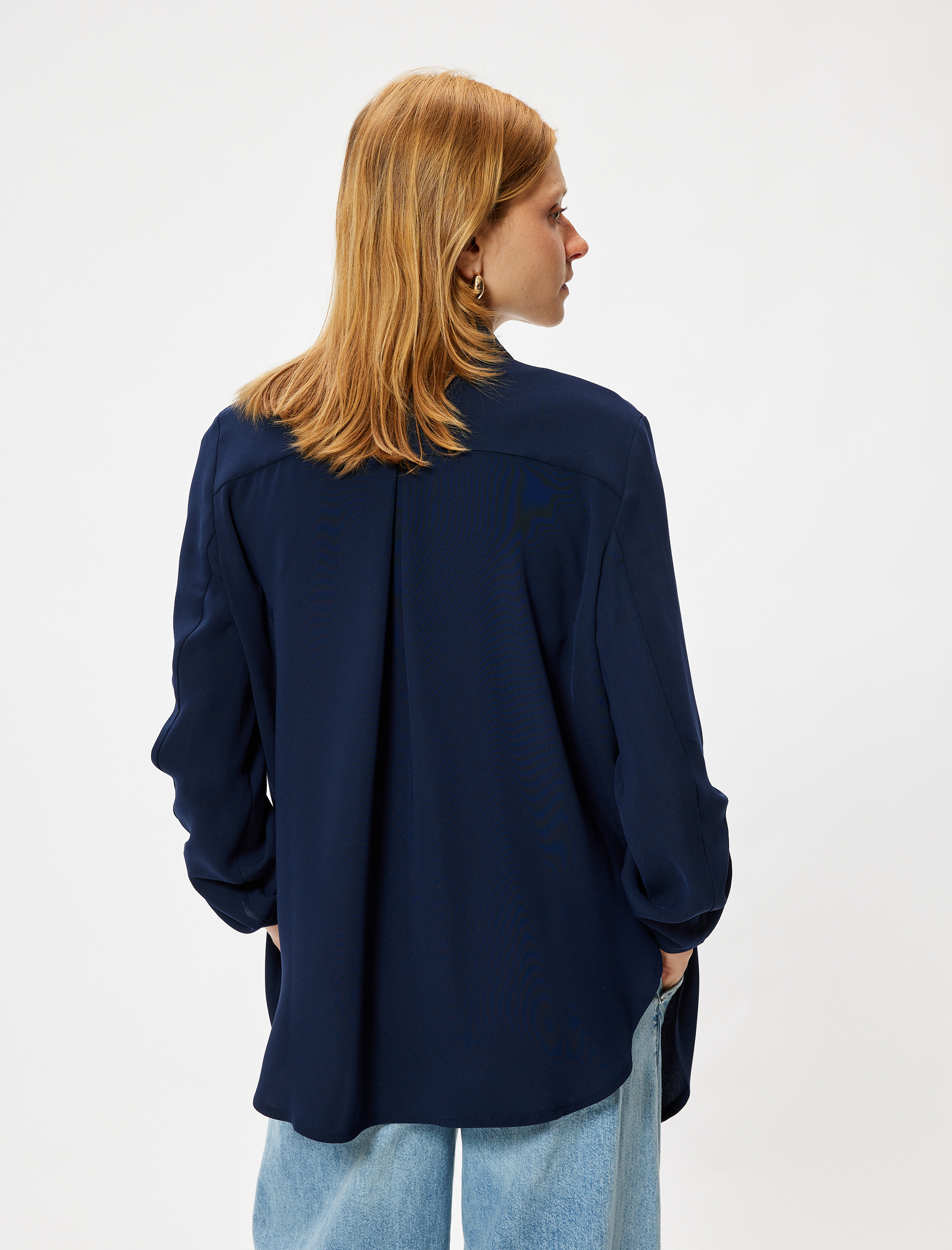   Ters Kruvaze Yaka Bol Kalıp 3/4 Kol Krep Kumaş Blazer Ceket