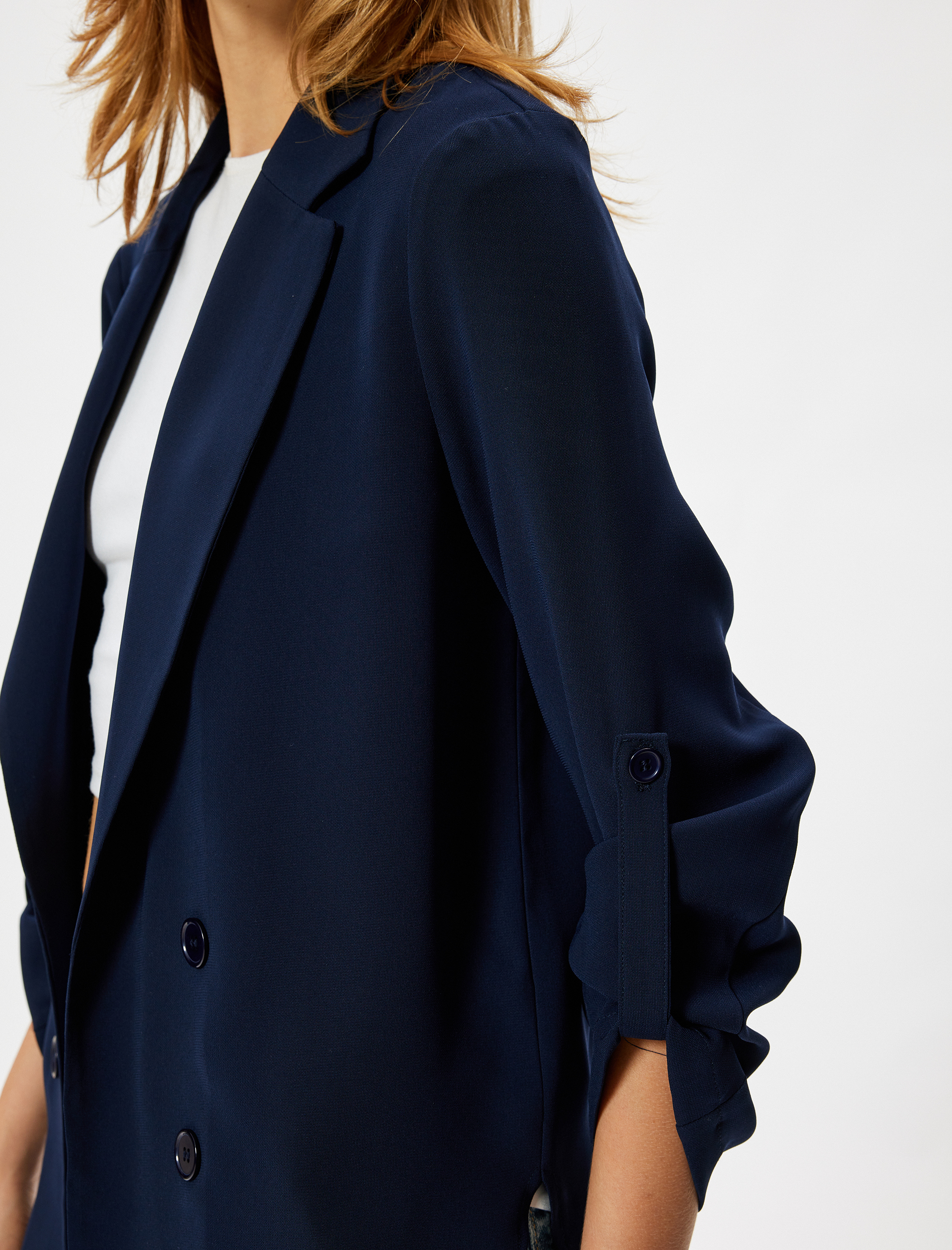   Ters Kruvaze Yaka Bol Kalıp 3/4 Kol Krep Kumaş Blazer Ceket