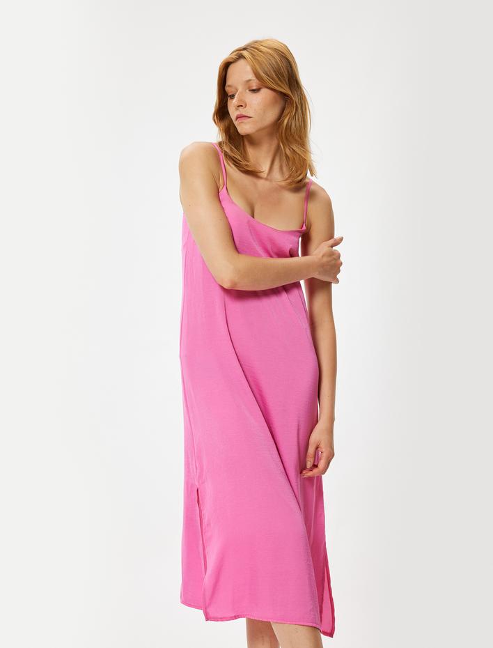  İnce Askılı Midi Boy Elbise Yırtmaç Detaylı Krep Kumaş