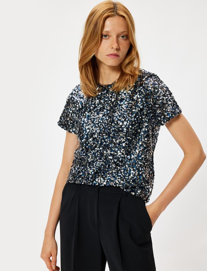  Abiye Bluz Pullu Payetli Kısa Kollu Bisiklet Yaka