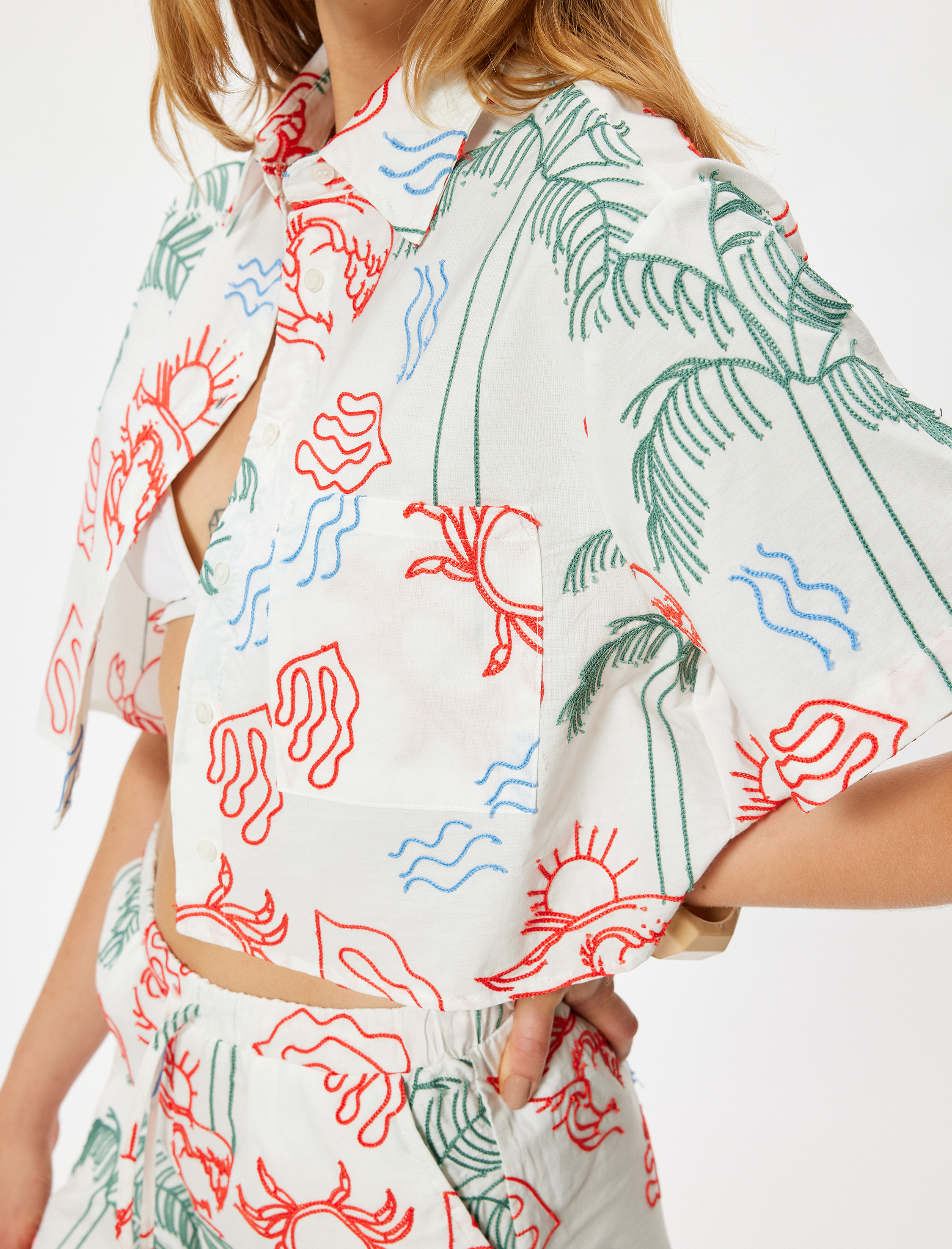   Nakışlı Crop Gömlek Kısa Kollu Pamuklu