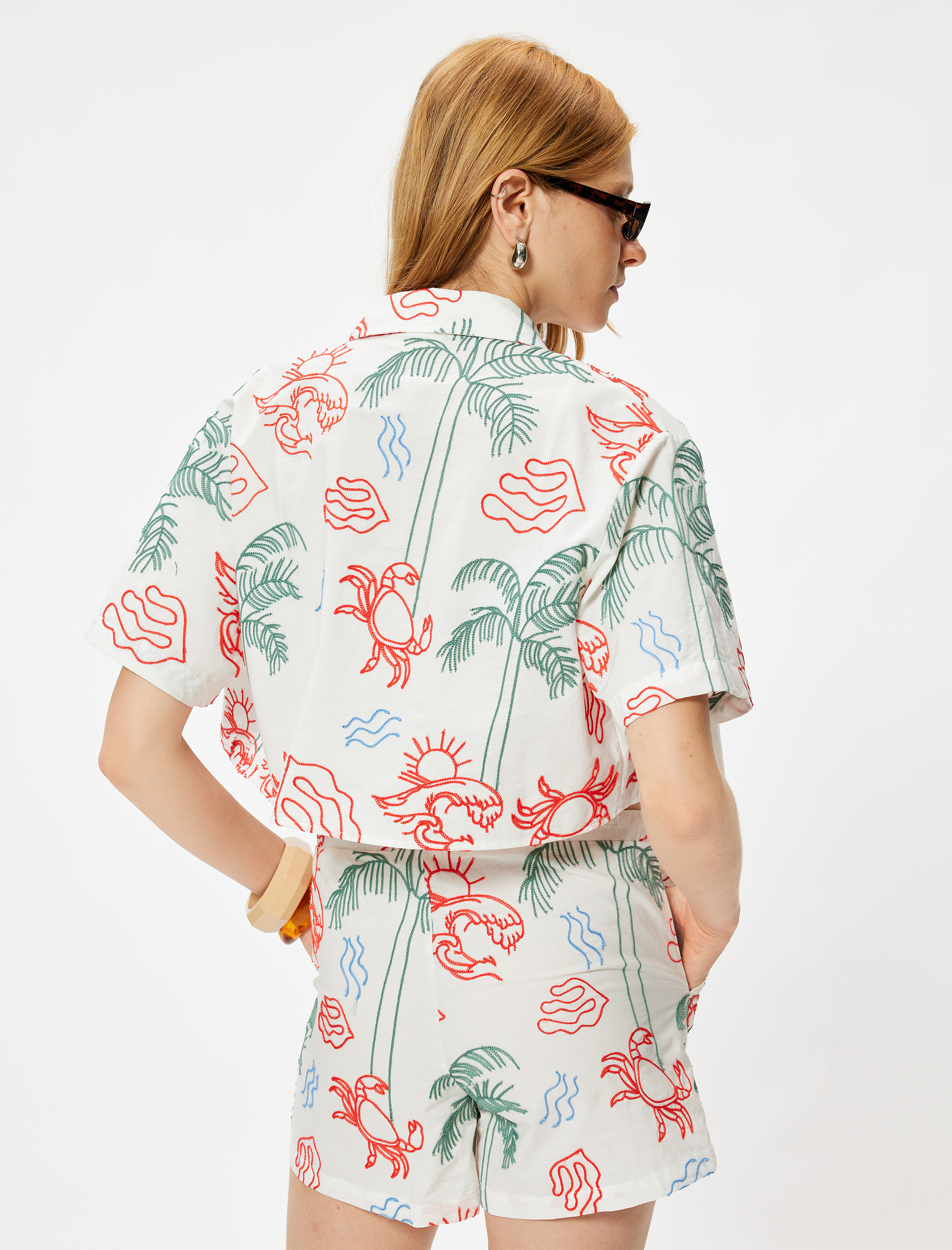   Nakışlı Crop Gömlek Kısa Kollu Pamuklu