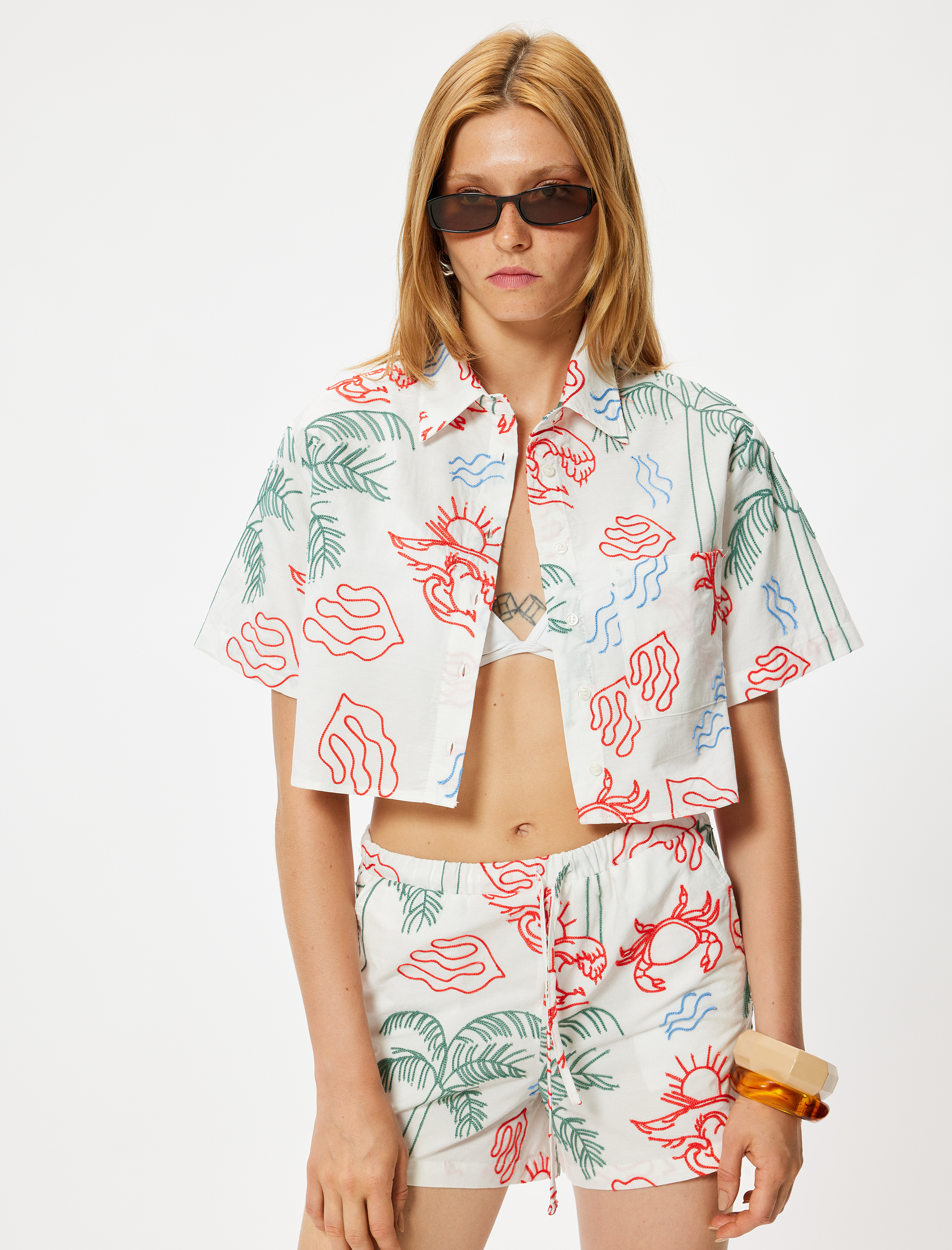   Nakışlı Crop Gömlek Kısa Kollu Pamuklu