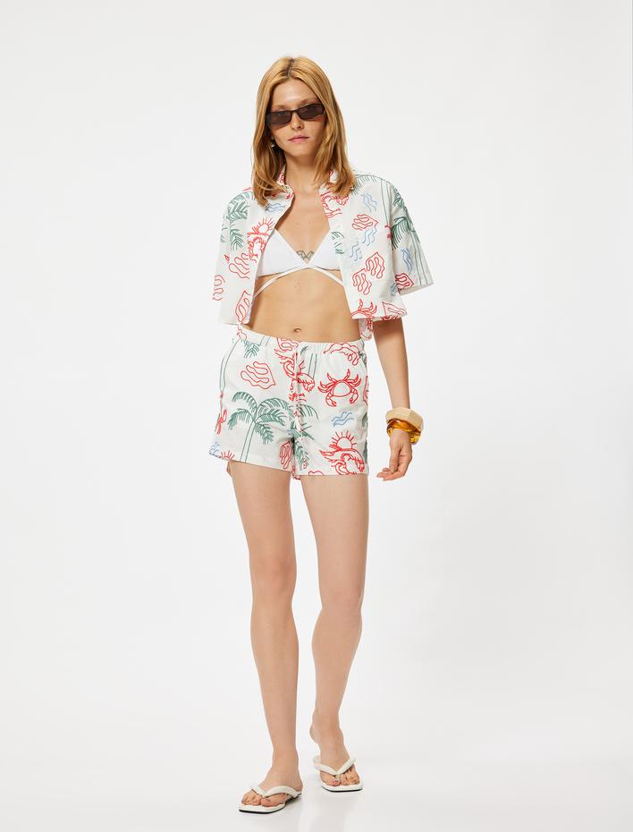  Nakışlı Crop Gömlek Kısa Kollu Pamuklu