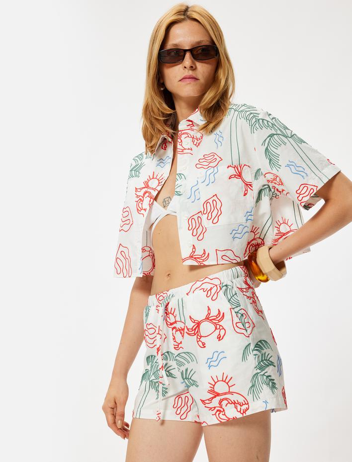  Nakışlı Mini Şort Rahat Kalıp Cepli Beli Bağlamalı Pamuklu