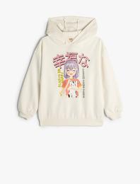 Kapşonlu Oversize Sweatshirt Anime Baskılı Uzun Kollu Şardonlu Pamuklu