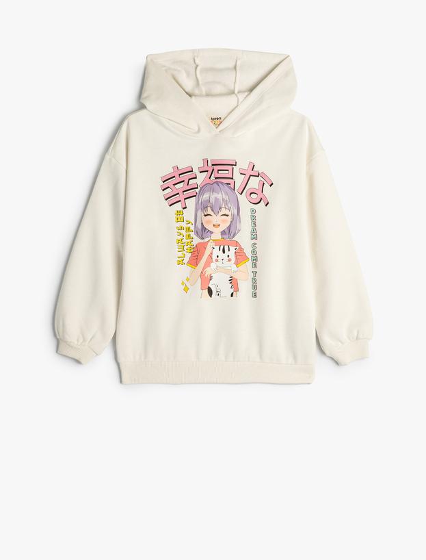 Kapşonlu Oversize Sweatshirt Anime Baskılı Uzun Kollu Şardonlu Pamuklu_0