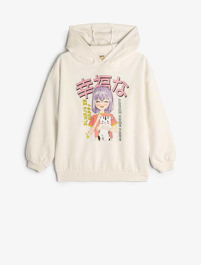 Kız Çocuk Kapşonlu Oversize Sweatshirt Anime Baskılı Uzun Kollu Şardonlu Pamuklu