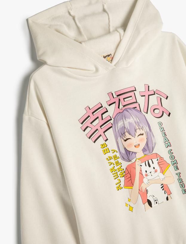 Kapşonlu Oversize Sweatshirt Anime Baskılı Uzun Kollu Şardonlu Pamuklu_2