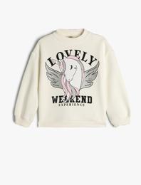 Sweatshirt Unicorn Baskılı Bisiklet Yaka Uzun Kollu Şardonlu Pamuklu