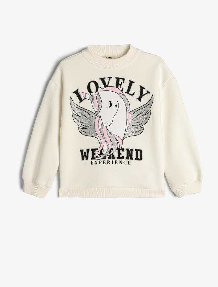 Kız Çocuk Sweatshirt Unicorn Baskılı Bisiklet Yaka Uzun Kollu Şardonlu Pamuklu