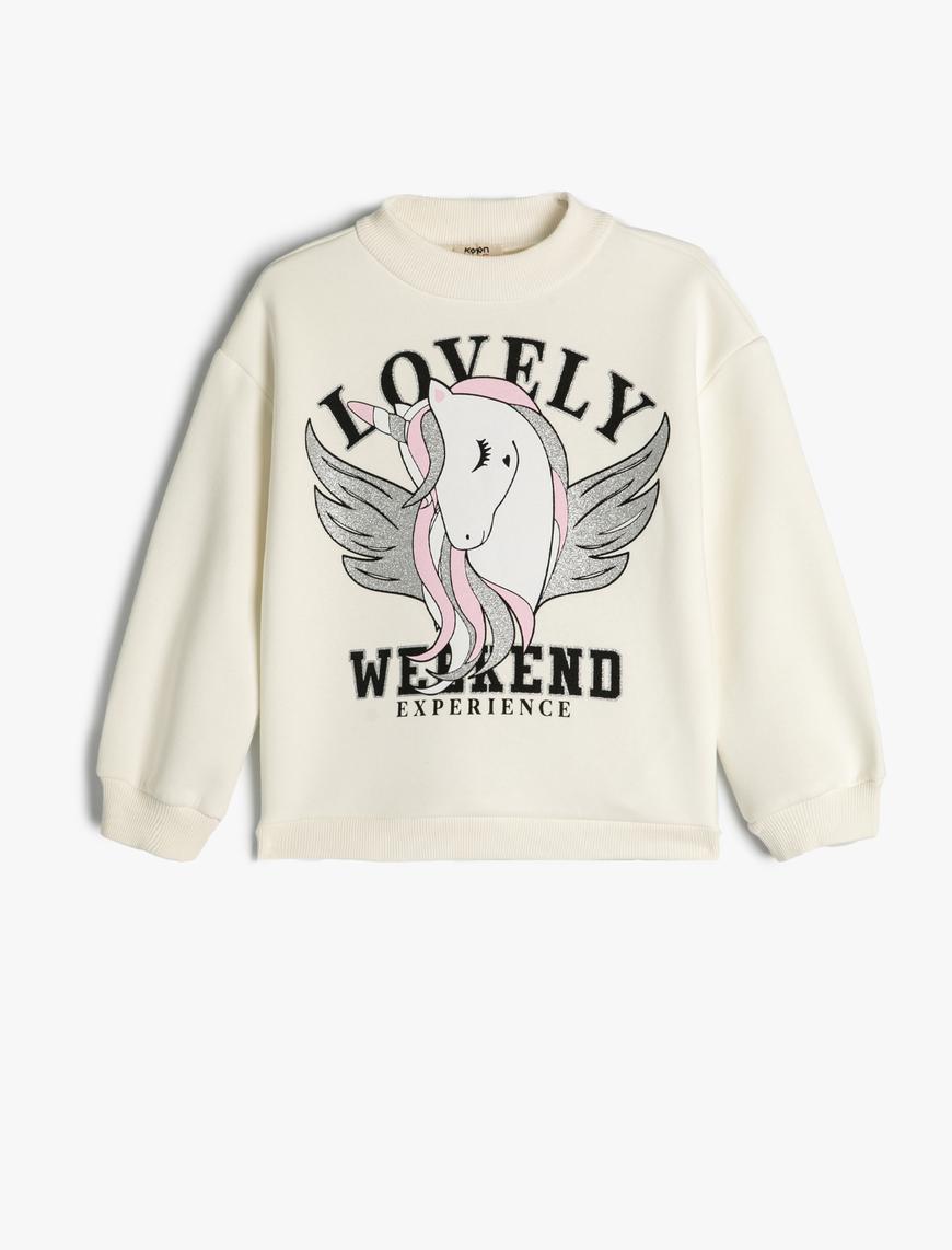  Kız Çocuk Sweatshirt Unicorn Baskılı Bisiklet Yaka Uzun Kollu Şardonlu Pamuklu