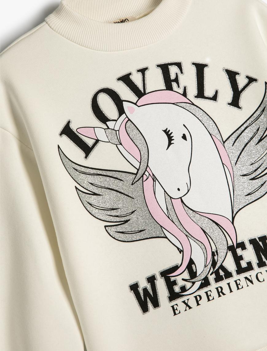  Kız Çocuk Sweatshirt Unicorn Baskılı Bisiklet Yaka Uzun Kollu Şardonlu Pamuklu