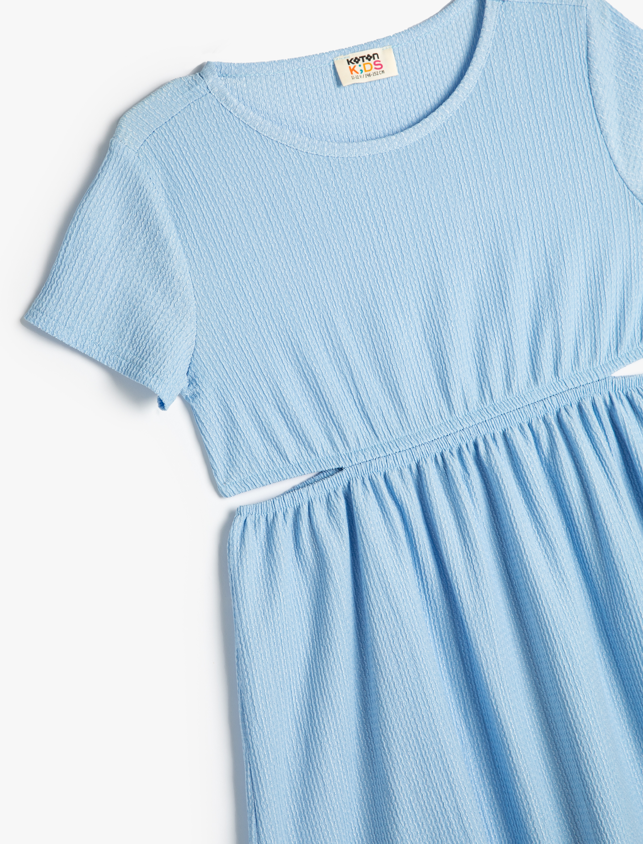 Kız Çocuk Elbise Pencere Detaylı Kısa Kollu Yuvarlak Yaka