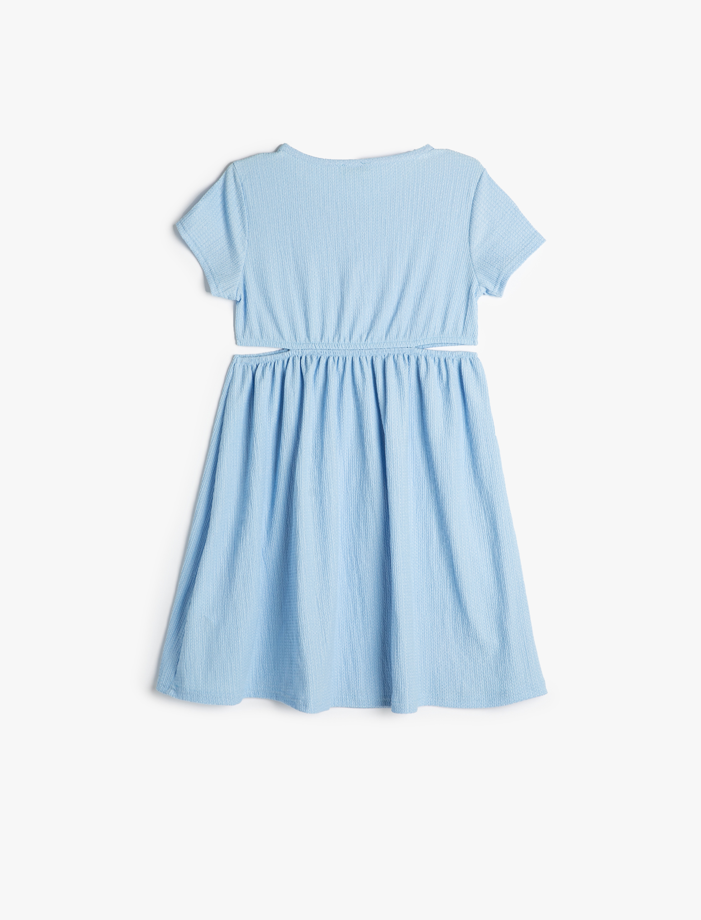 Kız Çocuk Elbise Pencere Detaylı Kısa Kollu Yuvarlak Yaka